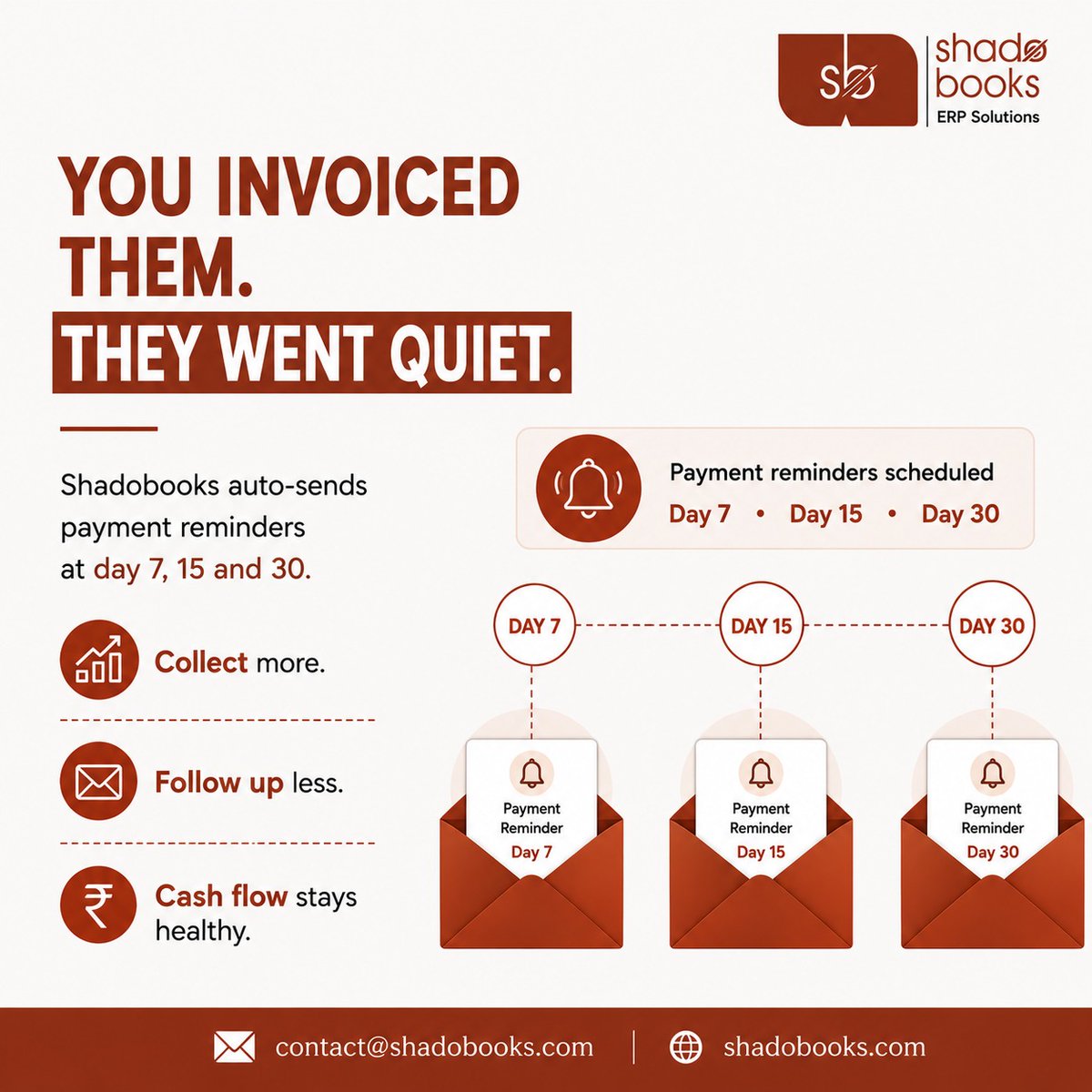 shadobooks_'s tweet photo. You invoiced them. They went quiet. 💸

Shadobooks auto-sends payment reminders on Day 7, 15 &amp; 30.

Collect more. Follow up less. Keep your cash flow healthy. ⚡

#paymentreminders #cashflow #accountingsoftware #shadobooks https://t.co/K9c4CHFOSh