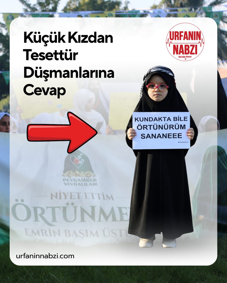 UrfaninNabzi's tweet photo. Şanlıurfa'da düzenlenen "Niyet Ettim Örtünmeye, Emrin Başım Üstüne" etkinliğinde küçük bir çocuğun taşıdığı pankart sosyal medyada geniş yankı uyandırdı.

"Kundakta Bile Örtünürüm Sanane!" yazılı pankartla etkinliğine katılan minik katılımcının görüntüsü, etkinliğin en çok konuşulan karelerinden biri oldu.

Söz konusu görüntü, sosyal medya kullanıcıları arasında farklı görüşlerin dile getirilmesine neden olurken, etkinlikten paylaşılan kareler kısa sürede binlerce kişiye ulaştı.

#Şanlıurfa #UrfanınNabzı #Tesettür #Gündem #SosyalMedya #Haber #Urfa