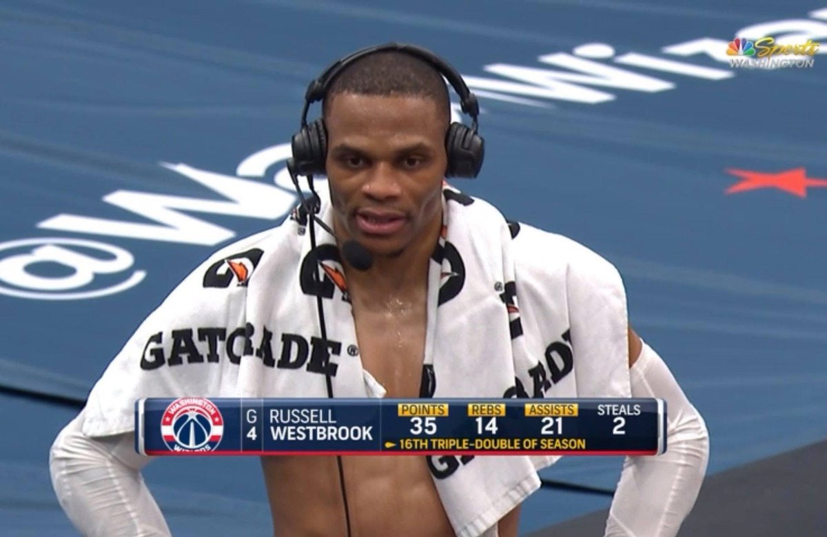 Ballislife's tweet photo. Wizards Russ

42 PTS, 12 AST, 10 REB, 5 3PT
35 PTS, 21 AST, 14 REB
28 PTS, 21 AST, 13 REB
14 PTS, 24 AST, 21 REB
14 PTS, 20 REB, 10 AST https://t.co/qbmlVhqpaP