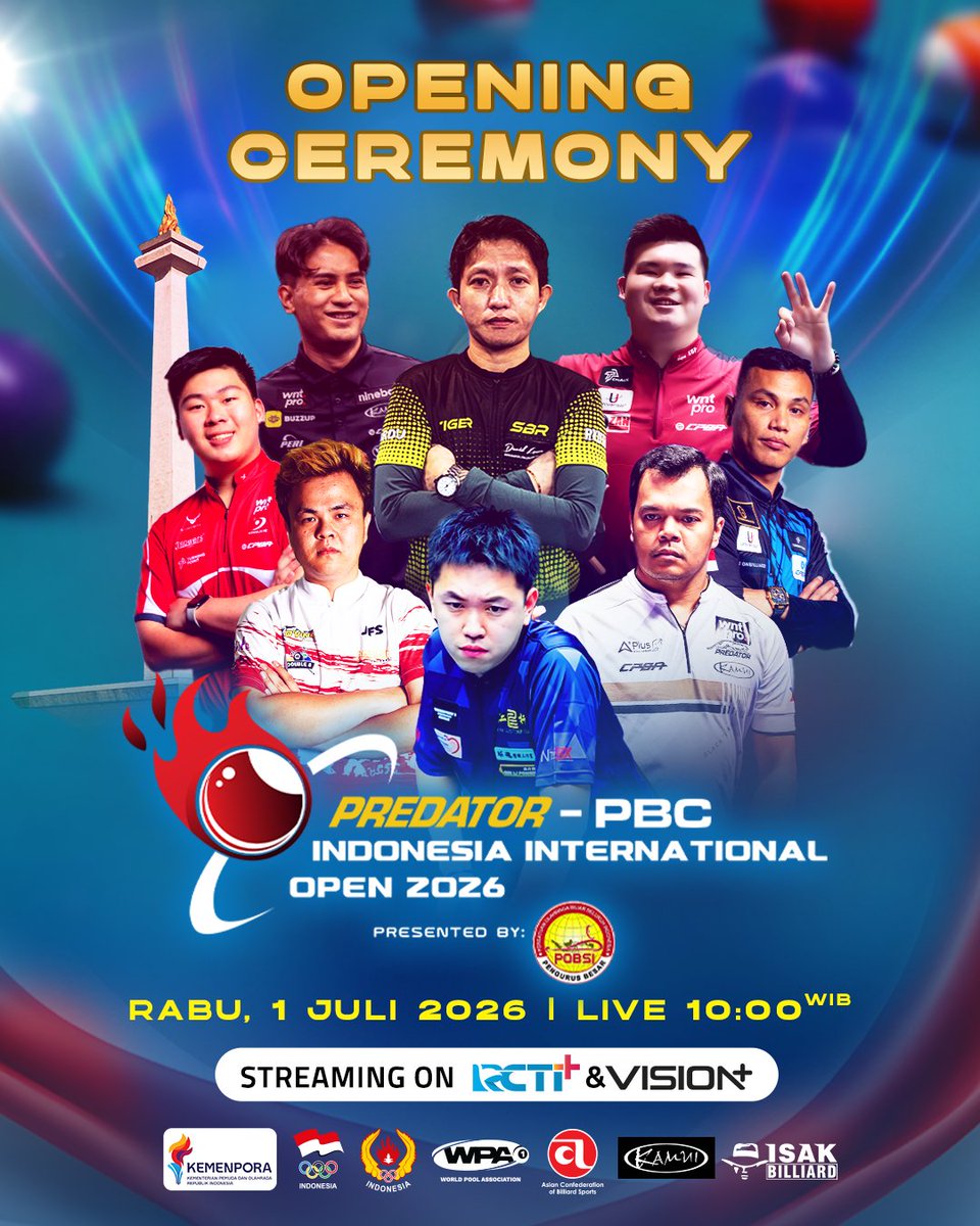RCTIPlus's tweet photo. Kemeriahan Opening Ceremony Predator PBC Indonesia International Open 2026 siap membuka aksi para pebiliar kelas dunia.

Jangan lewatkan momen pembukaan turnamen biliar terbesar di Asia Tenggara!

🗓 Rabu, 1 Juli 2026
⏰ Live pukul 10.00 WIB

Streaming eksklusif di RCTI+ & Vision+
🔗 Cek link: https://t.co/rxMvmwePiN

#RCTIPlusSuperApp #RCTIPlusSports #IndonesiaInternationalOpen2026 #IIO2026 #BiliarIndonesia