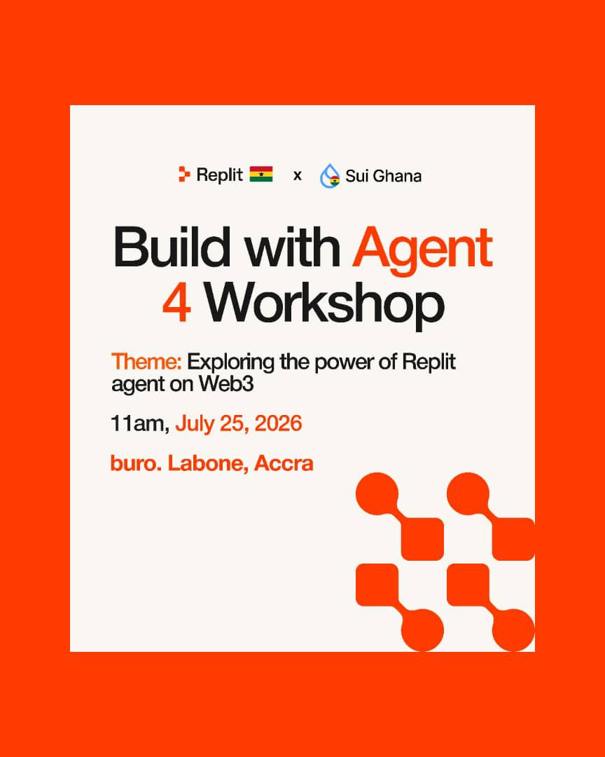 lannyklui's tweet photo. The wait is finally over. 

@SuiNetworkGhana and @ReplitGhana presents = Build with Agent 4 Workshop 🇬🇭

Date: July 25, 2026 
Time: 11:00 AM
Location: Buro. Labone, Accra
Register: https://t.co/W9dsrrX1sW

#ReplitGhana #SUIGhana https://t.co/xUDRvR0fdR