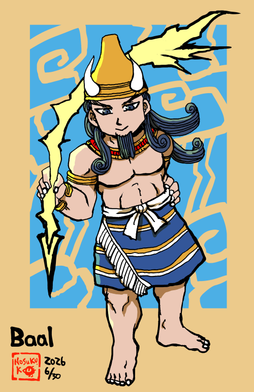 nosukuk2's tweet photo. 【ウガリト神話】バアル神（初描き）20260630
ウガリト神話の嵐と慈雨の神、バアル神。絵を描くなら本を読んで知識をつけてから描こう…と思ったんですが、とりあえず、ほぼWikipediaの情報だけで、描いてしまったよ…。また改めて挑戦します。
参考：https://t.co/Twf8raC8Pb https://t.co/PAptGifYI2