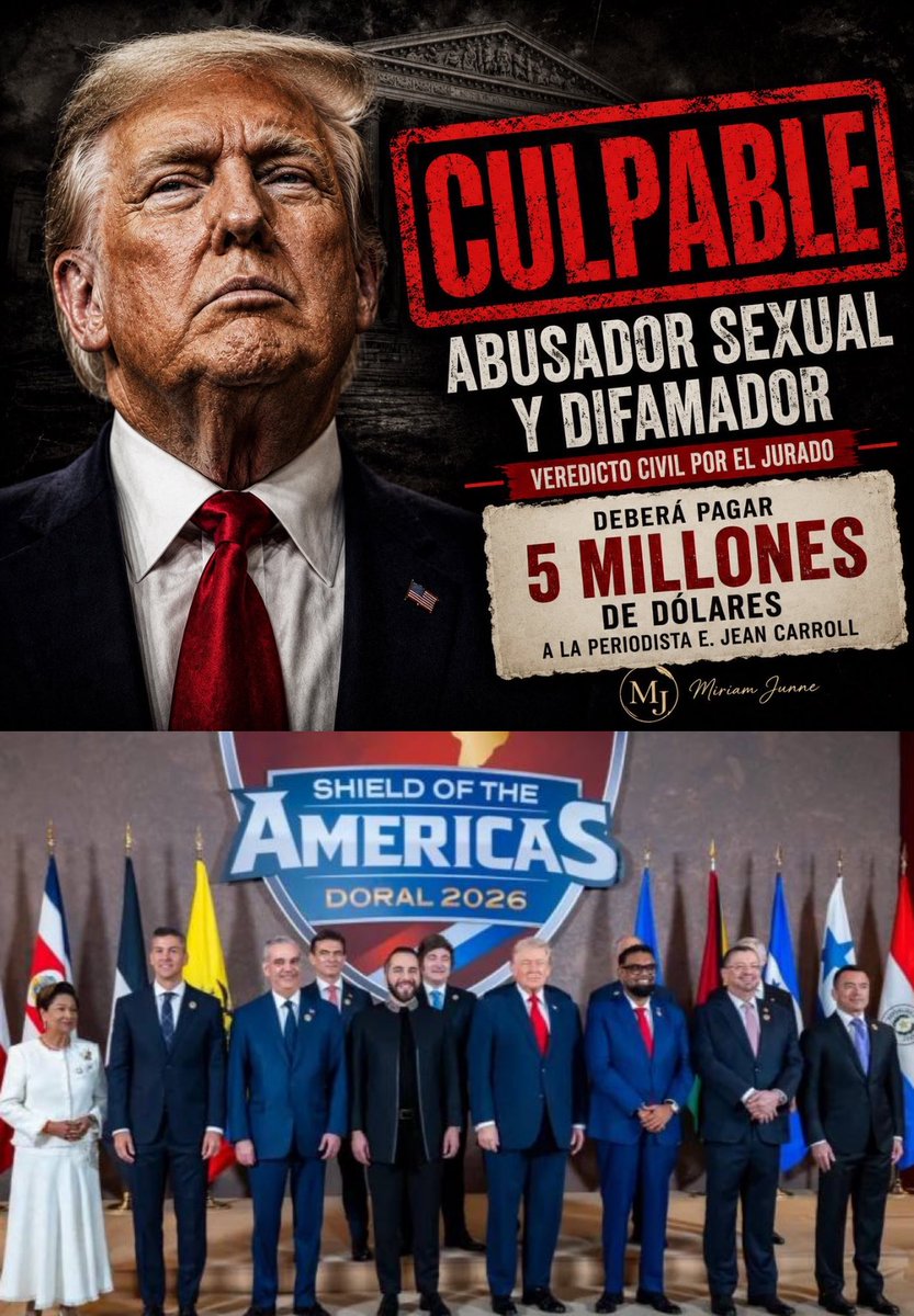 DanielGranjaEc's tweet photo. Donald Trump “lidera” a este grupo de presidentes que se hace llamar “escudo de las Américas”. Tras la decisión de la Corte Suprema (EEUU), deberían cambiarle el slogan por el “escudo de un violador”.

Trump también es acusado de pedofilia (caso Epstein). Él, junto a Benjamín Netanyahu, son los referentes de la “nueva derecha latinoamericana”.