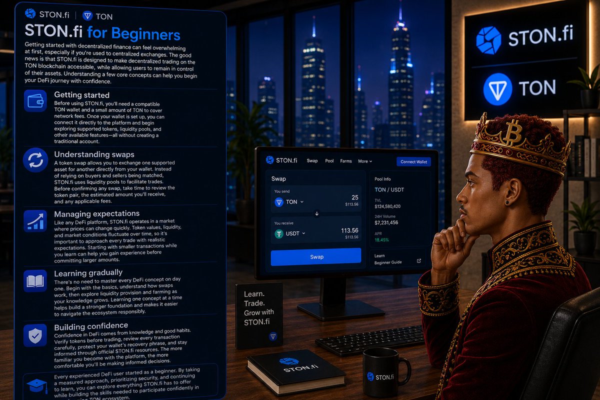 MonarchCrypto_'s tweet photo. https://t.co/iJ9cuXY2vm for Beginners

Getting started with decentralized finance can feel overwhelming at first, especially if you're used to centralized exchanges. The good news is that STONfi is designed to make decentralized trading on the TON blockchain accessible, while allowing users to remain in control of their assets. Understanding a few core concepts can help you begin your DeFi journey with confidence.

Getting started

Before using https://t.co/iJ9cuXY2vm, you'll need a compatible TON wallet and a small amount of TON to cover network fees. Once your wallet is set up, you can connect it directly to the platform and begin exploring supported tokens, liquidity pools, and other available features—all without creating a traditional account.

Understanding swaps

A token swap allows you to exchange one supported asset for another directly from your wallet. Instead of relying on buyers and sellers being matched, https://t.co/iJ9cuXY2vm uses liquidity pools to facilitate trades. Before confirming any swap, take time to review the token pair, the estimated amount you'll receive, and any applicable fees.

Managing expectations

Like any DeFi platform, https://t.co/iJ9cuXY2vm operates in a market where prices can change quickly. Token values, liquidity, and market conditions fluctuate over time, so it's important to approach every trade with realistic expectations. Starting with smaller transactions while you learn can help you gain experience before committing larger amounts.

Learning gradually

There's no need to master every DeFi concept on day one. Begin with the basics, understand how swaps work, then explore liquidity provision and farming as your knowledge grows. Learning one concept at a time helps build a stronger foundation and makes it easier to navigate the ecosystem responsibly.

Building confidence

Confidence in DeFi comes from knowledge and good habits. Verify tokens before trading, review every transaction carefully, protect your wallet's recovery phrase, and stay informed through official https://t.co/iJ9cuXY2vm resources. The more familiar you become with the platform, the more comfortable you'll be making informed decisions.

Every experienced DeFi user started as a beginner. By taking a measured approach, prioritizing security, and continuing to learn, you can explore everything https://t.co/iJ9cuXY2vm has to offer while building the skills needed to participate confidently in the growing TON ecosystem.

@ston_fi @tonwallet_tg @ton_blockchain 

#TON #STONbassador #STONfi