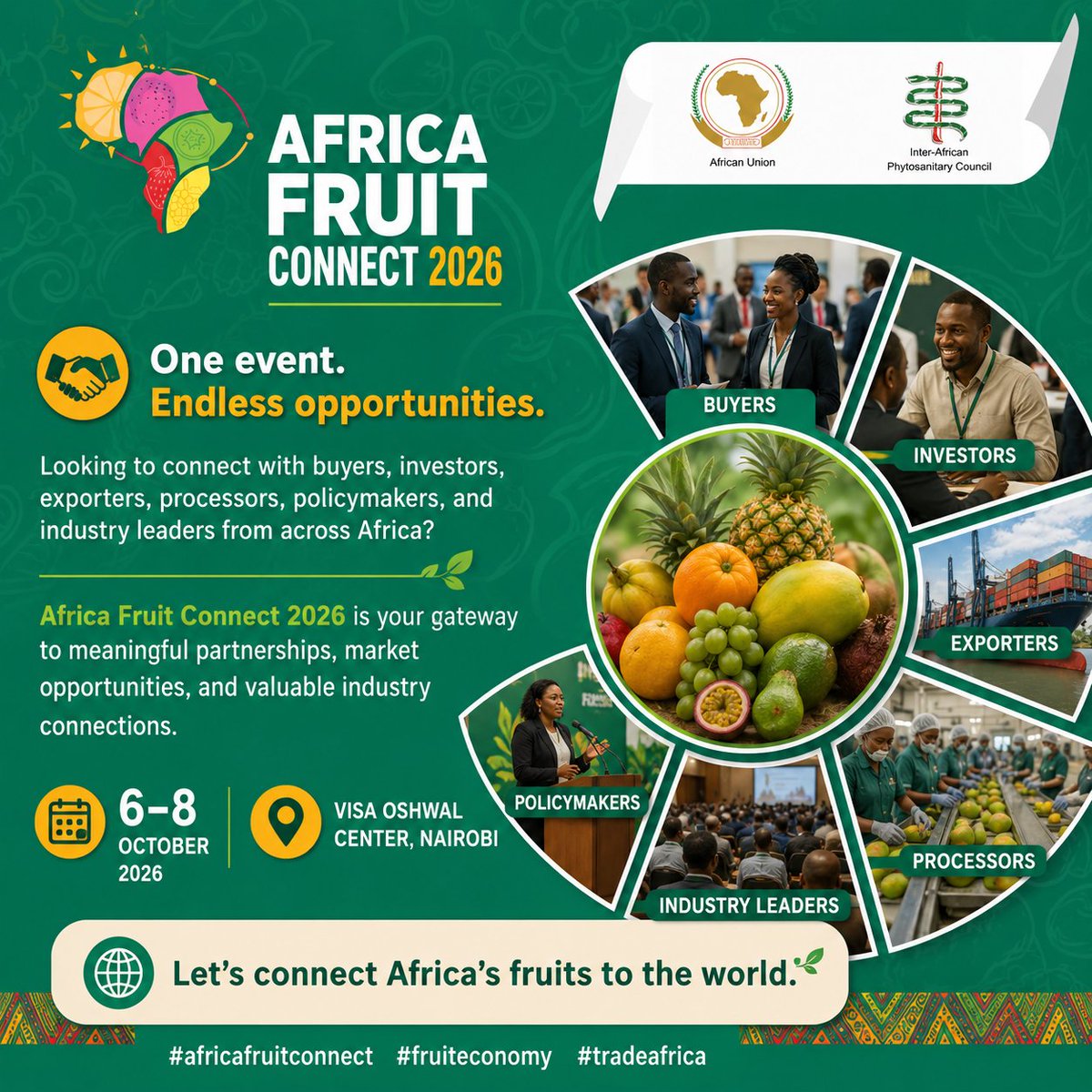 AFruitConnect's tweet photo. #africafruitconnect
🌍One Event , Endless Opportunities
Register on https://t.co/9EOuWXZH6E to participate, exhibit, partner or sponsor a farmer organization. 
Connecting Africa's fruit to the world and shaping trade within Africa's fruit industry.
#fruiteconomy #TradeAfrica https://t.co/eXAULHrgAB