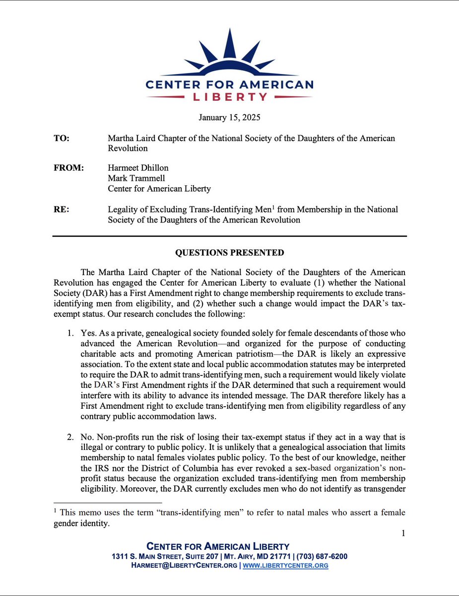 Tyler2ONeil's tweet photo. 🚨READ IT

Daughters of the American Revolution's convention failed to adopt a resolution defining "woman" after DAR leaders pushed a memo claiming it was illegal.

Here's @HarmeetKDhillon's contrary opinion, which DAR did not present.

🧵1/8

https://t.co/TfJGC71pce