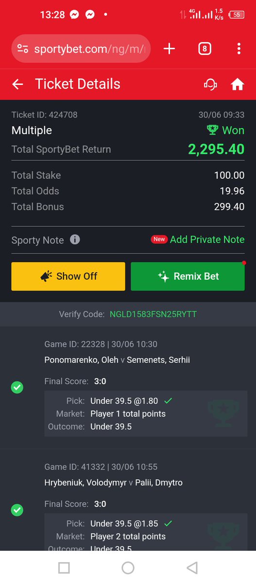 Infynytyboss's tweet photo. @Clary_Tips Came late, played the 19Odds O met. Better late than never. https://t.co/JOVflPmbSY