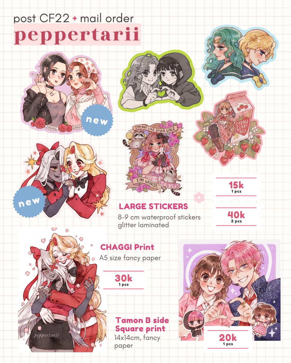 peppertarii's tweet photo. 🌼 shares appreciated 🌼 
finally opening my post-CF22 mailorder with a couple of new items yippeee

🌸 PO period: 30 June - 10 July
▪️ shipping via JNT end of July
▪️ originals, green yuri, hazbin, shoujo fandoms, spy x family

🔗 https://t.co/6XNE412ViS

(1/3) https://t.co/NVl1TA4L5i