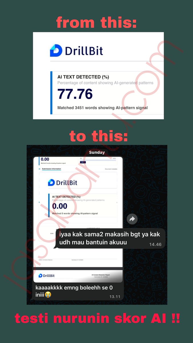 jasabantudotcom's tweet photo. open joki nurunin skor AI mahasiswa UT, file aman, tidak ada karakter tersembunyi ataupun segala bentuk kecurangan, parafrase ketik manual no copas!
#zonauang #joki  #karil #karilUT #nuruninAI #drillbit https://t.co/1kLDykcI4M