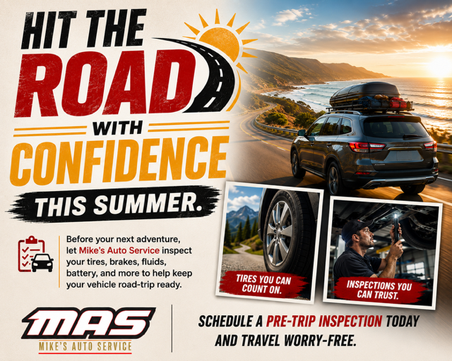 MAS_MTR's tweet photo. Whether you're heading to the beach, visiting family, or taking the scenic route on your adventure, make sure your vehicle is ready for the road ahead. A pre-trip inspection at Mike's Auto Service can help identify potential issues before they turn into unexpected breakdowns. https://t.co/tO4WJ4AmuB