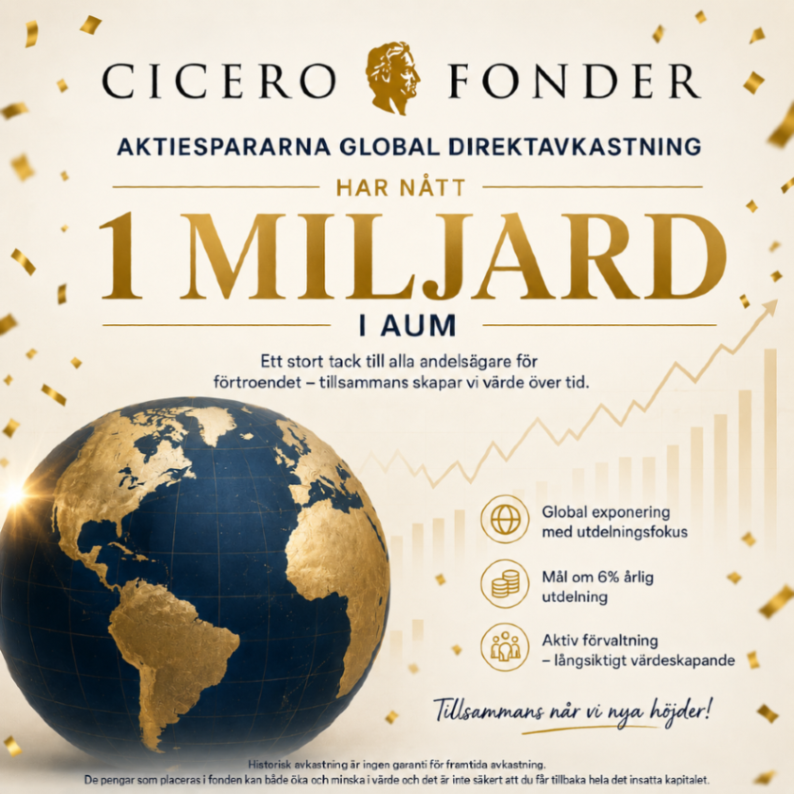 Cicero_fonder's tweet photo. Aktiespararna Global Direktavkastning har passerat 1 miljard kronor i förvaltat kapital!

📈 Avkastning sedan start: 42,86%

Stort tack för förtroendet. 💙

Historisk avkastning är ingen garanti för framtida avkastning. Investeringar innebär en risk.

#finanstwitter #pratapengar https://t.co/KlAngNCMkk