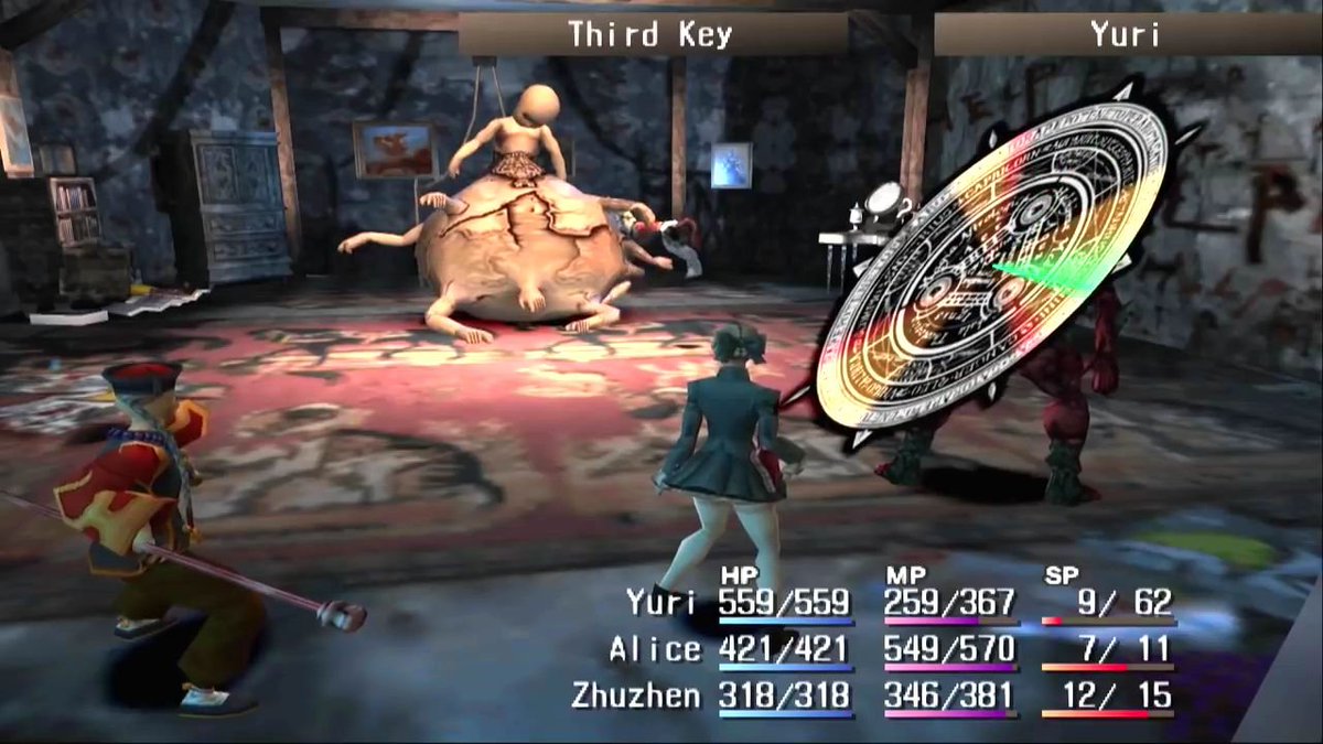 Adjo200's tweet photo. من أجمل ألعاب JRPG اللي لعبتها في حقبة PS2.
اللي ميز اللعبة عن باقي الألعاب من تصنيفها إنها كانت مظلمة وبدل ما تختار عالم خيالي خاص فيها سوت تاريخ بديل في فترة 1913م فدمجت فيه التاريخ مع شياطين، سحر في مزيج مظلم لكن جميل في نفس الوقت.

حتى أسلوب القتال مختلف عن turn-based المتعارف في ذاك الوقت بحيث أضافوا Judgment Ring مع كل هجمة يطلع Ring ولازم تضغط الزر في مكان محدد حتى يعطيك ضرر إضافي.
حتى بطل اللعبة Yuri يندمج ويتحول لوحش.

للاسف مبيعات اللعبة بالذات الجزء الاول ضعيف نسبيا وما حقق الأرقام المرجوة منه.
-----
اللعبة أعتبرها من جواهر جهاز PS2، للأسف ما لعبت الجزء الثاني لكن لو حصل لي وقت وفرصة راح العبه.