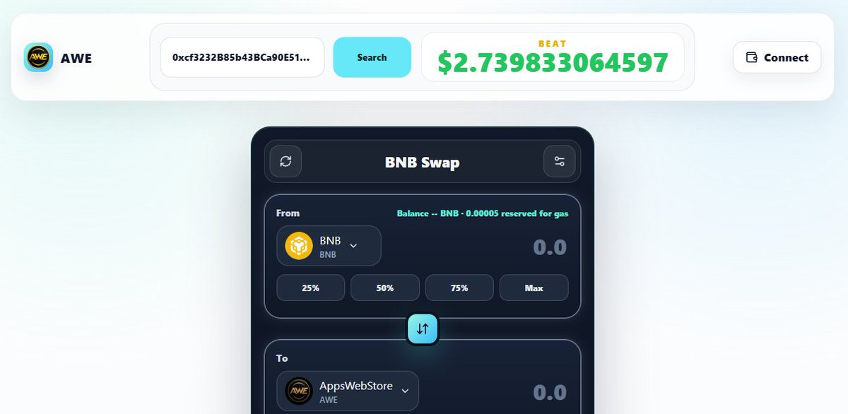appswebstore's tweet photo. AWE BNB Swap is live.
Swap BNB Chain tokens fast, connect your favorite wallets, search tokens by contract, and trade from one clean interface.
Try it here:
https://t.co/SIs6xwlWqh
#BNB #BSC #DeFi #AWE #Crypto https://t.co/qYhIYjTyMb