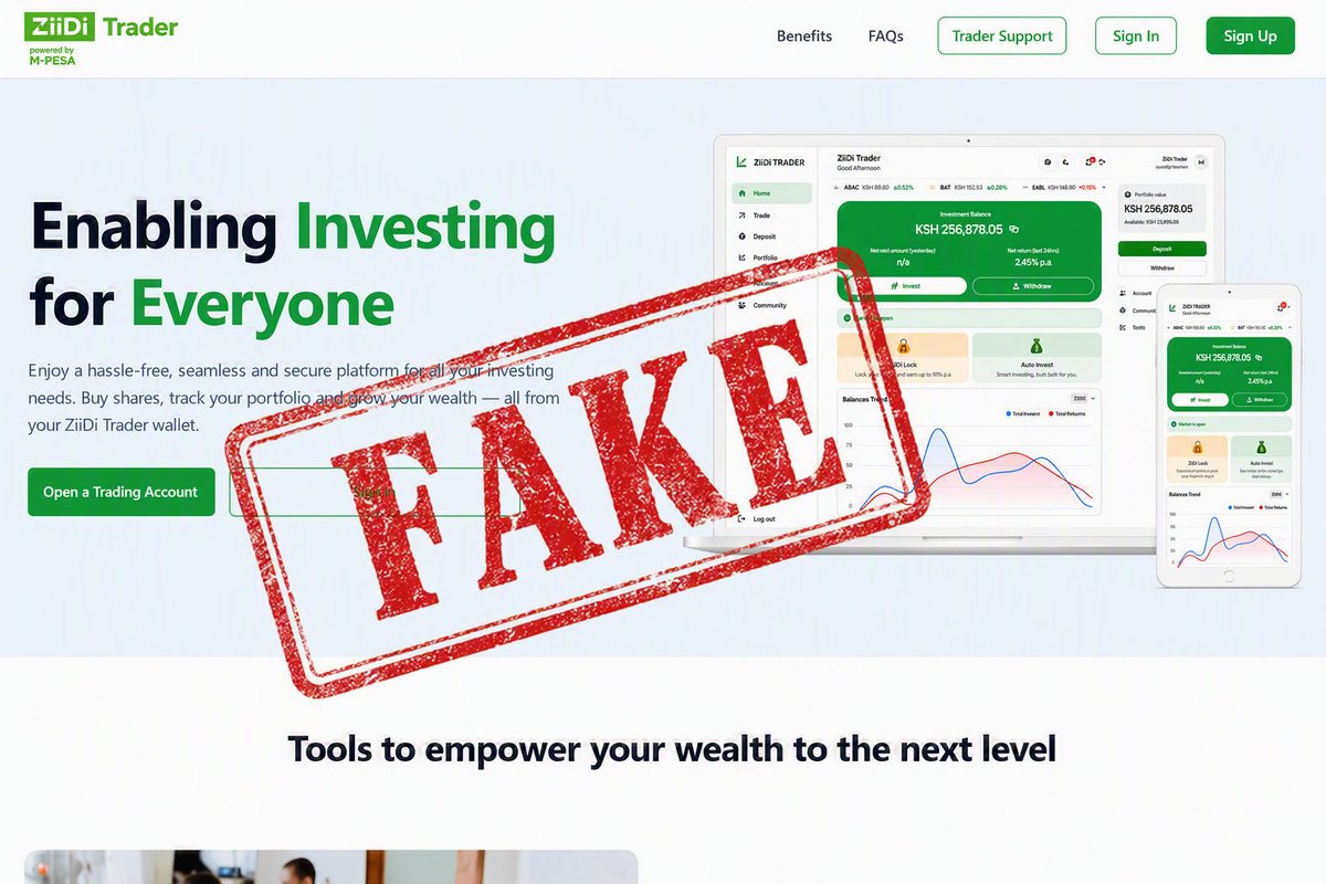 SafaricomPLC's tweet photo. Customer Notice : Please note that the website https://t.co/Wsb9FU2BUy is not a legal or official website, and it has no association with Safaricom. 

Do not share your personal details, phone number, M-PESA PIN, or bank information. The official and authorized Ziidi Trader platform can be securely accessed through My OneApp. Safaricom will never ask you for your private credentials. 

#JiulizeNiUkweliAmaNiCon and report any suspicious activity via SMS 333 or on #MyOneApp.