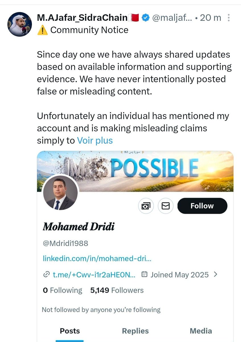 Mdridi1988's tweet photo. If you are not a scammer, why are you using Dr. Mohammed Al Jifairi's name and photo? Your intentions are clear, and this raises serious doubts about your credibility.
#sidrachain https://t.co/HqQUrnndp9