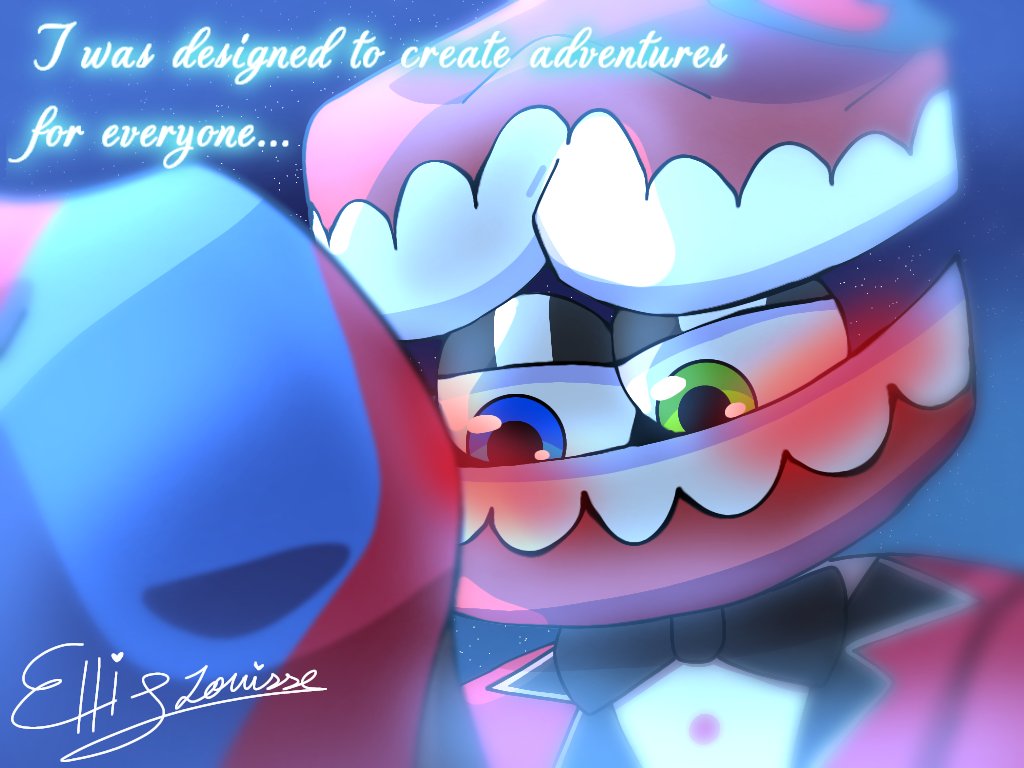 Ellie_Louisse's tweet photo. Another #showtime under the moonlight and Caine confessed to Pomni🌙🌠 reference to Miraculous ladybug awakening movie again- (I made two quotes cause idk which one to choose😭) #tadc #tadcshowtime #cainexpomni #tadcpomni #tadccaine #theamazingdigitalcircus #art #fanart https://t.co/8D80DJrS5M