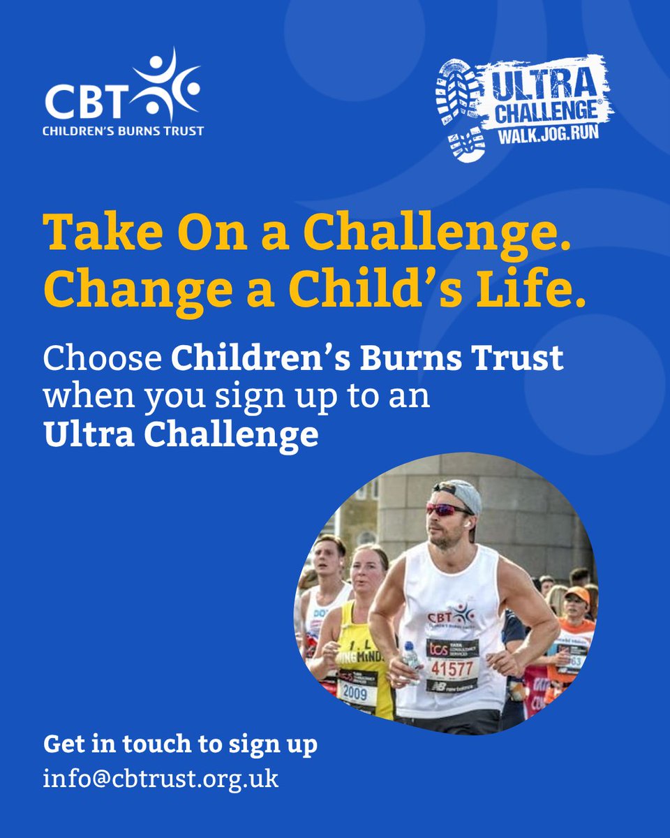 CBTofficial's tweet photo. 💙 Looking for your next fundraising challenge?

Choose Children's Burns Trust when you sign up for an Ultra Challenge event and help support children and families affected by burn injuries.

Find your event:
https://t.co/p60vkizrHd 

#ChildrensBurnsTrust #UltraChallenge https://t.co/blPGQwpHQe