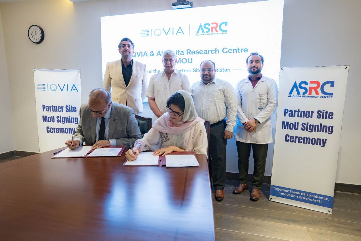 alshifaeye's tweet photo. In a remarkable initiative, Al-Shifa Research Centre (ASRC), Al-Shifa Trust Eye Hospital, Rawalpindi has signed a Memorandum of Understanding (MoU) with IQVIA Solutions Pakistan (Pvt.) Ltd.
This significant milestone marks the beginning of a valuable collaboration aimed at strengthening clinical research, fostering innovation and advancing high-quality healthcare research in Pakistan.
This partnership reflects ASRC and IQVIA Solutions Pakistan's shared commitment to promoting ethical, evidence-based research and creating opportunities to contribute to improved patient care through collaborative scientific initiatives.
We look forward to maintaining liaison with IQVIA to concentrate efforts towards improving the future of clinical research.