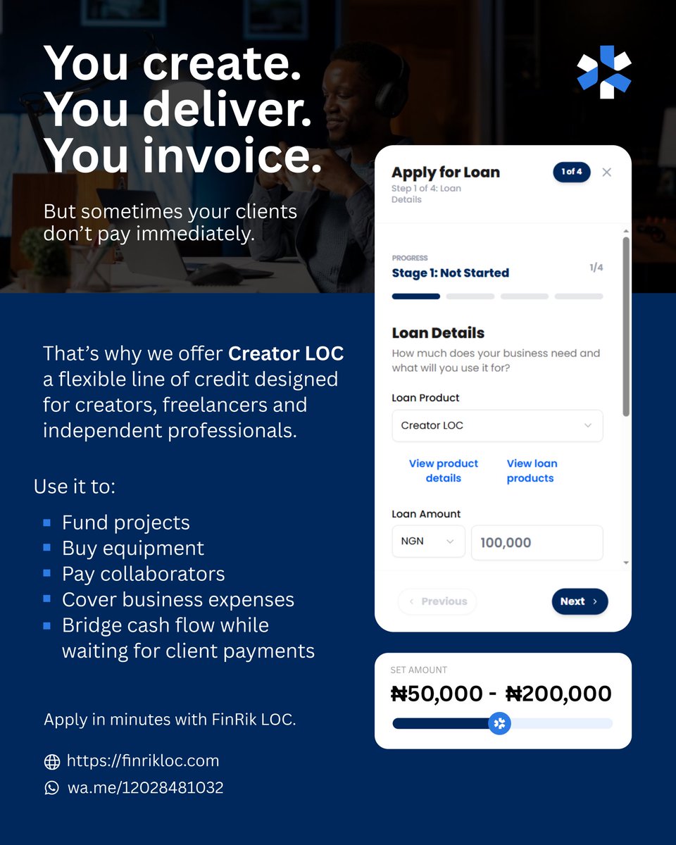 finrikloc's tweet photo. Introducing Creator LOC.

Creative work doesn’t always pay on time, but your ideas shouldn’t have to wait.

Fund projects. Buy gear. Pay collaborators. Cover subscriptions. Bridge cash flow while waiting for client payments.

Apply: https://t.co/iHz6M5dCg7

T&amp;Cs apply. https://t.co/OSyMmjThXf