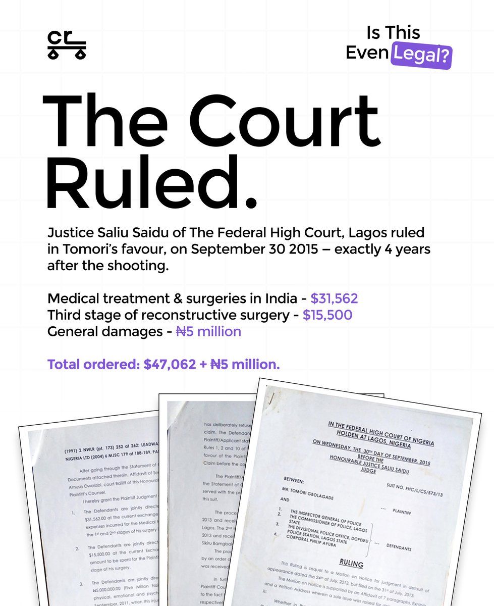 UseCaseRadar's tweet photo. "Ignoring a court order is contempt of court. It is an offence, even for the police”.

Fifteen years after he was shot and eleven years after the court ruled in his favour, @otomporo8701 is still waiting for justice.

Swipe through to understand how a man can win in court and still spend over a decade waiting for enforcement.

Now tell us, if a court order can be ignored for this long, what does justice really mean for the average Nigerian?

Our Pro bono Department at Case Radar is working with Tomori to ensure he gets the justice he deserves. Join us to create a positive outcome for those who actually need it.

If you would like to support Tomori's ongoing medical treatment and recovery, we've added a link to his fundraiser below.

https://t.co/ejqhOhQ8fD