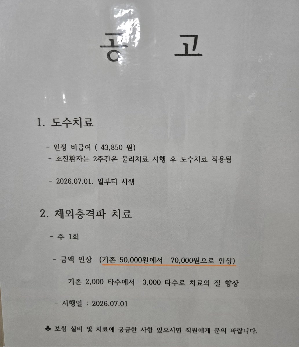 olivegreen87's tweet photo. 오늘 도수 왔더니 공고 붙음.
도수만 급여로 바뀌고 횟수 제한 생긴 게 아니라 체외충격파도 가격 올리고 횟수 제한 생김.
아픈 부위당 일주일에 1 번씩 최대 6번 가능하고 1년에 총 12회 가능이라고...... 그럼 우리 환자들은 1년에 2군데 이상 아프지 말것!! https://t.co/nQ9ZMp6MdZ