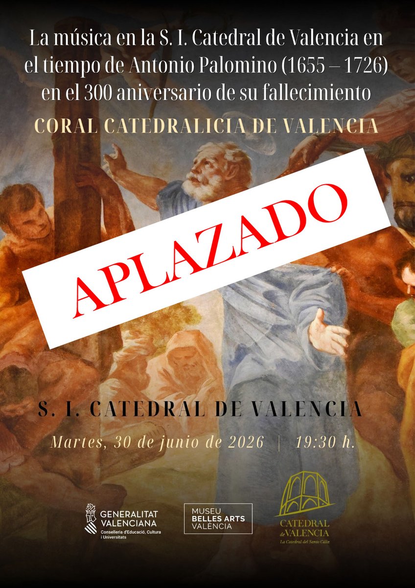 MCatedralVLC's tweet photo. ⚠️ AVISO ⚠️

Lamentamos comunicar que, por causas ajenas a nuestra voluntad, el concierto previsto para esta tarde a las 19.30 ha tenido que suspenderse. Se programará para otra fecha.

Sentimos las molestias y agradecemos la difusión de este mensaje. https://t.co/SrTpcTLhZ6