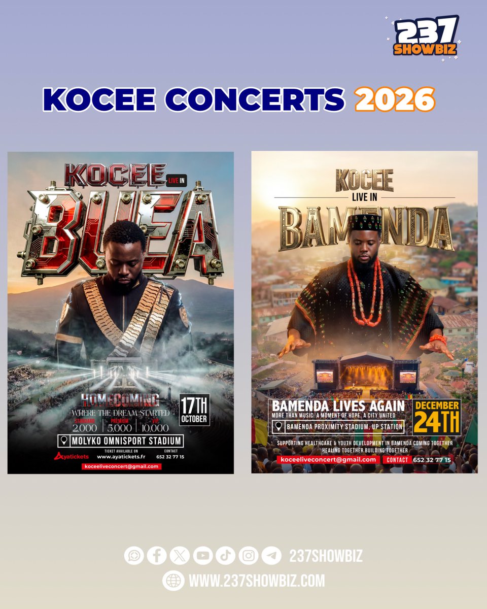 237Showbiz's tweet photo. 🟠🟠 Trending
@iamkocee_ Is Bringing LIFE & SHOWBIZ back to TWO of Anglophone Cameroon’s most vibrant cities, BUEA and BAMENDA with two major concerts in STADIUMS!
Link: https://t.co/R4r07T1BOT
#237Showbiz #WeYamo #Team237 #Cameroon
#Kocee #BueaHomecoming #BamendaLivesAgain https://t.co/ADqpi1vOrB