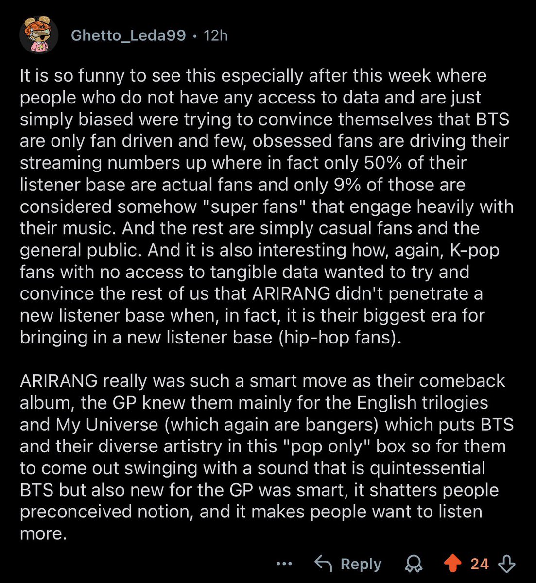mj_alwayss's tweet photo. Read this comment on reddit and this makes so much sense as to why Arirang is loved outside of fandom space and BTS are being seen as a serious artist (not that they weren’t before) but their hip hop roots is not known to many. 

And going to their roots meant the boys will do a genre bending album, Arirang is divided into two part, one carried by rapline and other other carried by vocal line just like how BTS’ career trajectory is.