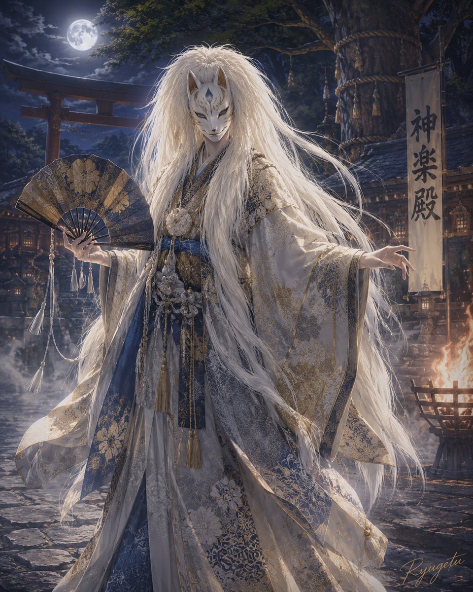 vRHAn1FXDp70407's tweet photo. 白狐神 ― 神楽殿に舞う月の守護神
White Fox Deity — The Moon Guardian Dancing in the Kagura Hall
#AIイラスト #AIart #隆月工房
#FantasyArt #DigitalArt #JapaneseFantasy #Kitsune #FoxSpirit #Yokai #OriginalCharacter #Illustration https://t.co/czRZHDP687