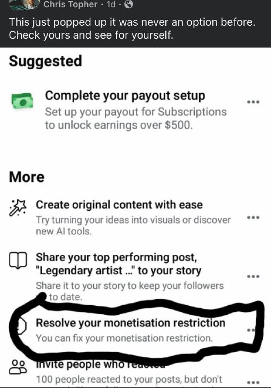 Screenshot of Facebook's new 'Resolve your monetisation restriction' prompt appearing directly inside the page suggestions panel