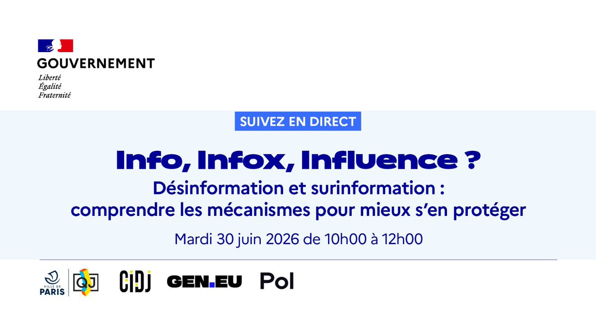 Jeunes_gouv's tweet photo. 🔴 EN DIRECT | Info, infox, influence : comment s'informer à l'ère numérique ?

Jamais les jeunes n'ont eu accès à autant d'informations. 

Réseaux sociaux, médias en ligne, créateurs de contenu, intelligence artificielle : les sources se multiplient et transforment profondément notre rapport à l'information.

Comment l'information circule-t-elle aujourd'hui ? Pourquoi certains contenus cherchent-ils à influencer nos opinions ? Comment distinguer le vrai du faux et exercer son esprit critique dans un environnement numérique en constante évolution ?

En partenariat avec https://t.co/iqJ4IhXHqY (AFP), Pol l'application et le CIDJ, suivez en direct notre matinée d'échanges consacrée aux enjeux de la désinformation, de la surinformation et de l'influence auprès des jeunes.

👉 https://t.co/9cHeXTJy0Q