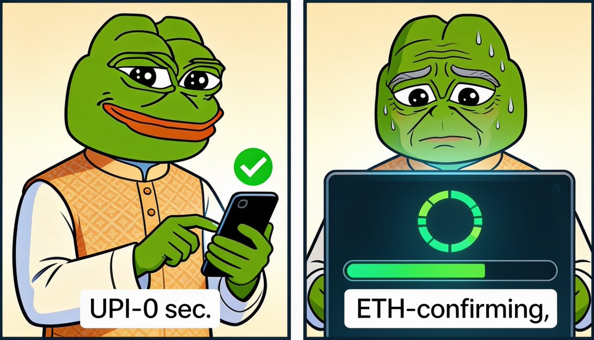 0xrectangle's tweet photo. india: built UPI, sends money in 2 seconds, free, works everywhere  

also india: sends 0.001 ETH, waits 4 minutes, pays more in gas than the transaction itself  

we really said let's regress for this one https://t.co/QuWseamqJd