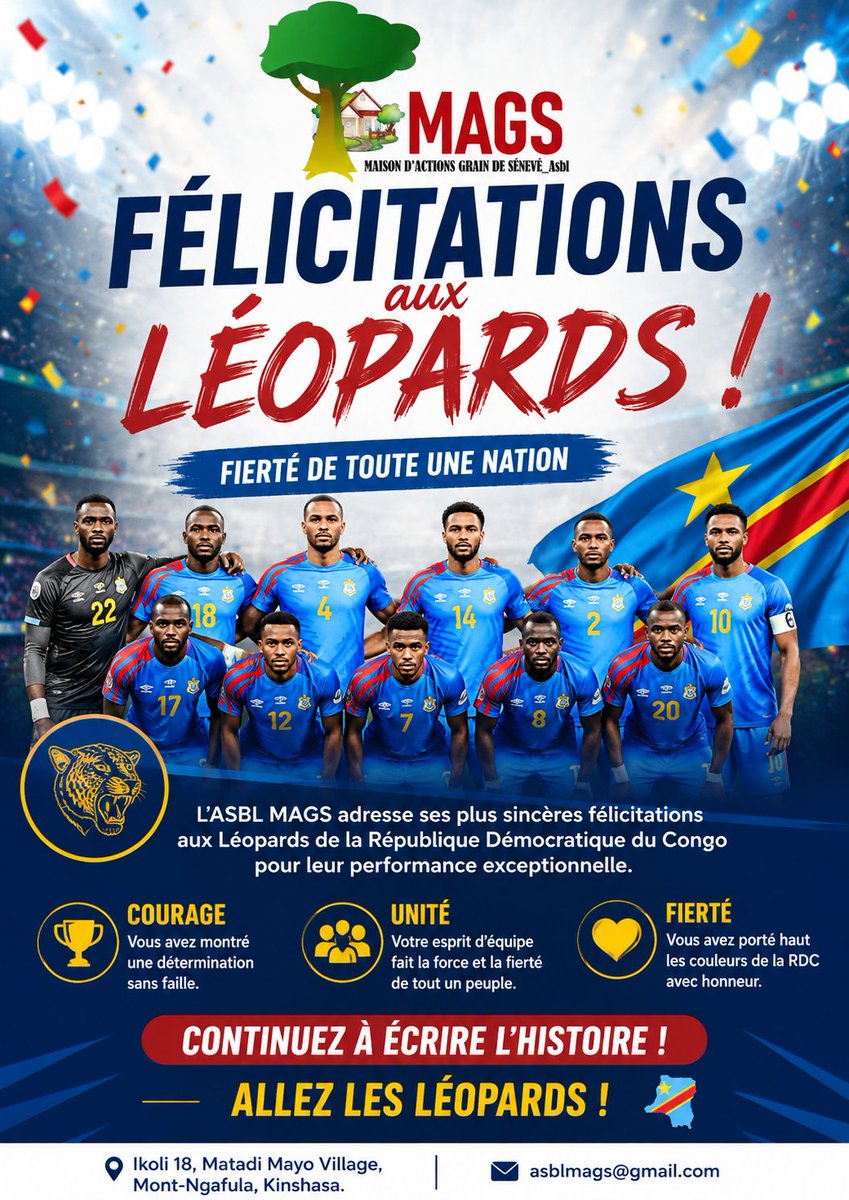 MagsAsbl's tweet photo. 🇨🇩 FÉLICITATIONS AUX LÉOPARDS ! 🐆
L'ASBL MAGS adresse ses plus sincères félicitations aux Léopards de la République Démocratique du Congo pour leur magnifique performance.
Votre courage, votre détermination et votre esprit d'équipe font la fierté de toute une nation.
#fifa https://t.co/9whC9jhb3j