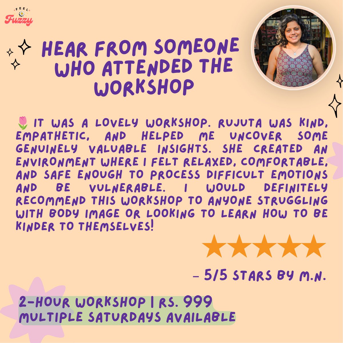 feelfuzzy_in's tweet photo. Build a better, more loving relationship with ourselves🌼

Facilitated by psychologist, this 2-hour workshop focuses on noticing how you think, feel, and treat your body in everyday life.

Book at https://t.co/nAjyQ53Pkw 🌷 

#bodyimage #workshop #feelfuzzy #mahimakukreja https://t.co/5Jwbse7IQD
