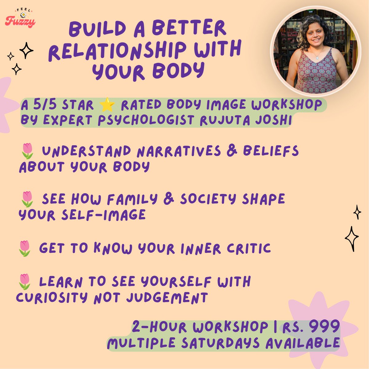 feelfuzzy_in's tweet photo. Build a better, more loving relationship with ourselves🌼

Facilitated by psychologist, this 2-hour workshop focuses on noticing how you think, feel, and treat your body in everyday life.

Book at https://t.co/nAjyQ53Pkw 🌷 

#bodyimage #workshop #feelfuzzy #mahimakukreja https://t.co/5Jwbse7IQD