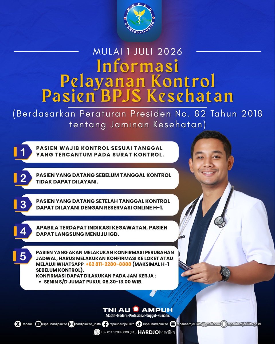 RspauH's tweet photo. Mulai 1 Juli 2026, pelayanan kontrol BPJS Kesehatan di RSPAU dr. S. Hardjolukito mengikuti ketentuan yang berlaku.

Yuk, datang sesuai jadwal kontrol yang tertera pada surat kontrol. https://t.co/3tpBmIEpA9