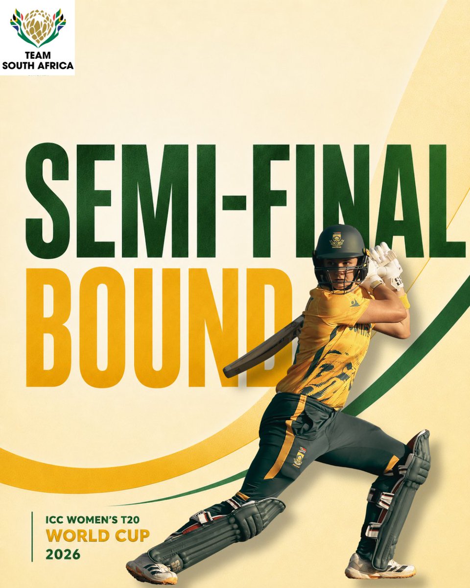 OfficialTeamRSA's tweet photo. SEMIFINAL BOUND! 🇿🇦🔥

The dream remains alive! The Proteas are headed to the semifinals of the ICC Women's T20 World Cup 2026.

#TeamSA #ForMyCountry https://t.co/9L3VwHg0Zo