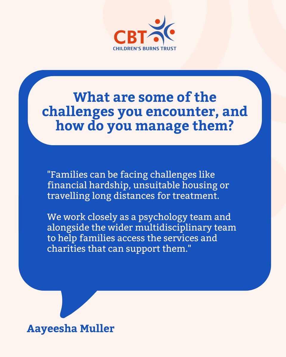 CBTofficial's tweet photo. Meet Aayeesha Muller, who shares how psychological support helps children and families through every stage of burn rehabilitation.

Read more:
https://t.co/0pJMaImMC6 

#ChildrensBurnsTrust #BurnCare #BurnAwareness https://t.co/23uol6hdh6