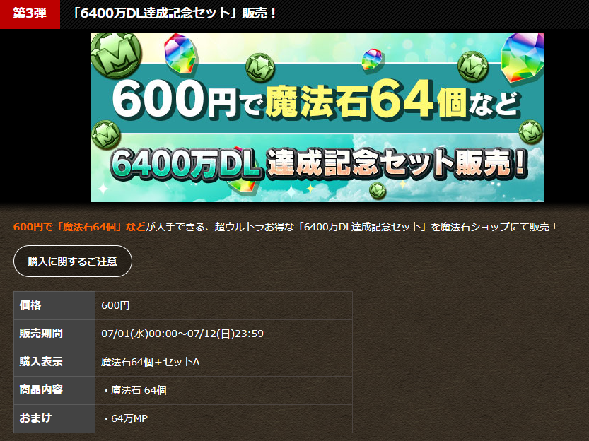 パズドラ、6400万DL達成記念イベント 「6400万DL達成記念セット」販売