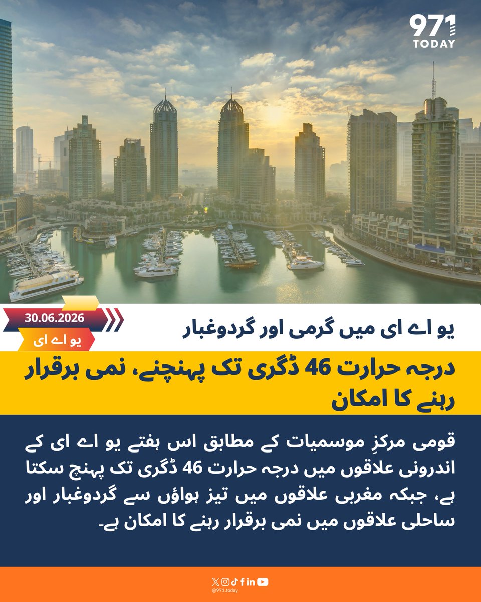 971TODAYUR's tweet photo. یو اے ای میں اس ہفتے شدید گرمی، گردوغبار، نمی اور مشرقی ساحل پر نچلے بادل موسم کو متاثر کر سکتے ہیں۔ 
     #971TODAY
 #Weatherforecast 
#UAEWeather https://t.co/chorSvbJkh