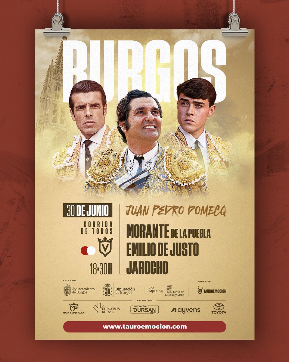 feriadeburgos's tweet photo. 🔜💥 ¡𝗧𝗘𝗥𝗖𝗘𝗥𝗔 𝗗𝗘 𝗙𝗘𝗥𝗜𝗔! Esta tarde en Burgos, toros de Juan Pedro Domecq para 𝗠𝗼𝗿𝗮𝗻𝘁𝗲 𝗱𝗲 𝗹𝗮 𝗣𝘂𝗲𝗯𝗹𝗮, 𝗘𝗺𝗶𝗹𝗶𝗼 𝗱𝗲 𝗝𝘂𝘀𝘁𝗼 𝘆 𝗝𝗮𝗿𝗼𝗰𝗵𝗼. 

👉🎟️ ¡𝗨́𝗟𝗧𝗜𝗠𝗔𝗦 𝗘𝗡𝗧𝗥𝗔𝗗𝗔𝗦! Taquillas del Coliseum y en la web https://t.co/v7zyfG1tPB https://t.co/0cXJasvs5w