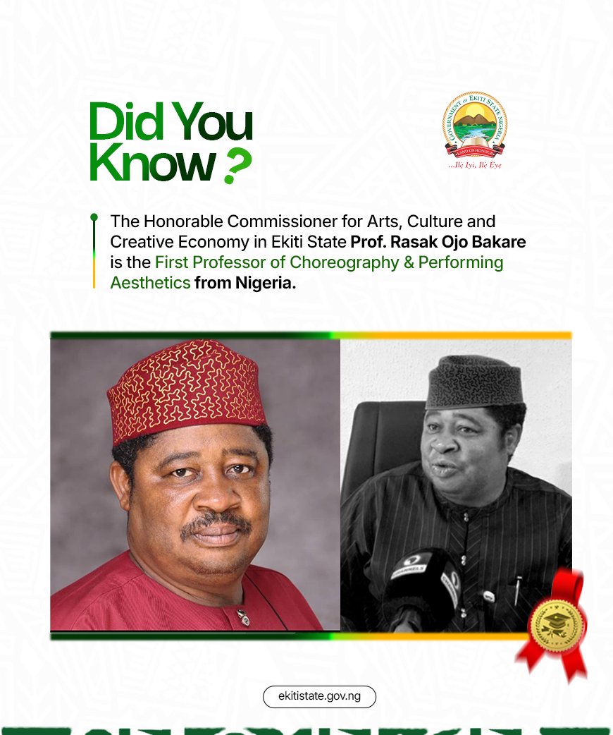 ekitistategov's tweet photo. Did You Know?
Ekiti State's Honourable Commissioner for Arts, Culture and Creative Economy, Prof. Rasak Ojo Bakare is recognized as Nigeria's first Professor of Choreography and Performing Aesthetics.
A distinguished scholar, theatre practitioner, and cultural administrator, his contributions continue to advance the creative industry while positioning Ekiti as a hub for arts, culture, tourism, and innovation.
Ekiti celebrates excellence.

#DidYouKnow #EkitiState #ArtsAndCulture #CreativeEconomy #LandOfHonour 

https://t.co/CbFUGy0pck
