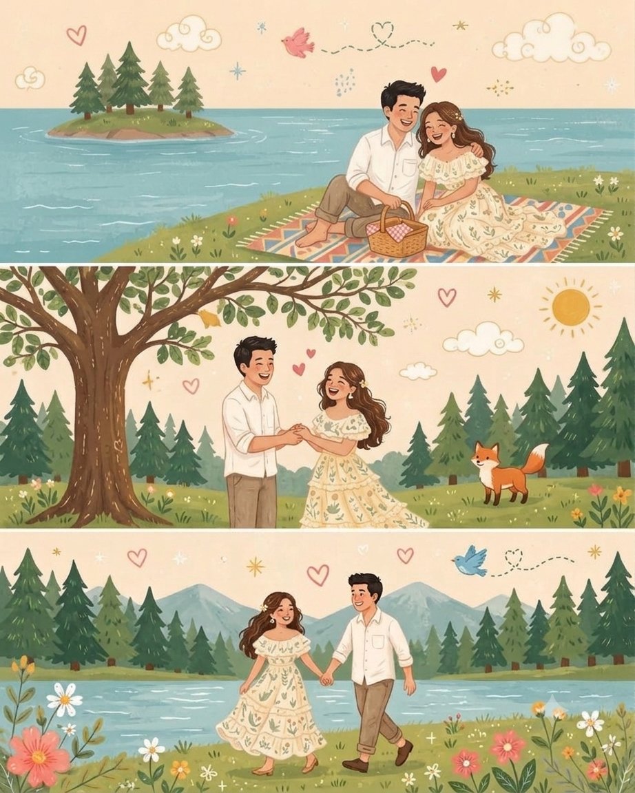 iamsofiaijaz's tweet photo. Happy moments captured with gemini nano banana pro 

Prompt 👇 

Prompt: Transform this photo into a whimsical folk flat illustration with doodle elements. Preserve the original composition and characters, but simplify all details into clean colorful flat shapes with a handmade childlike feel. Use pastel and vibrant colors, rosy cheeks, playful line art, cute decorative symbols, flowers, birds, swirls, and cozy urban background details.