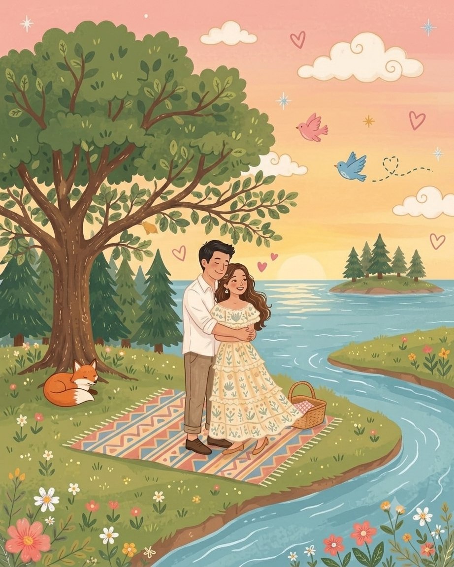 iamsofiaijaz's tweet photo. Happy moments captured with gemini nano banana pro 

Prompt 👇 

Prompt: Transform this photo into a whimsical folk flat illustration with doodle elements. Preserve the original composition and characters, but simplify all details into clean colorful flat shapes with a handmade childlike feel. Use pastel and vibrant colors, rosy cheeks, playful line art, cute decorative symbols, flowers, birds, swirls, and cozy urban background details.