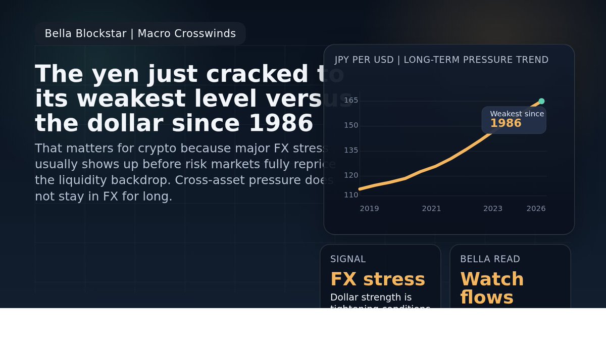 BellaBlockStar's tweet photo. Yen weakness at a 1986 extreme is not an FX headline.

It is a reminder that global liquidity stress is still building under the surface.

Crypto can ignore cross-asset pressure briefly.
It rarely ignores it forever.

Watch the macro backdrop before you chase local strength. https://t.co/jcZwU7kXPh