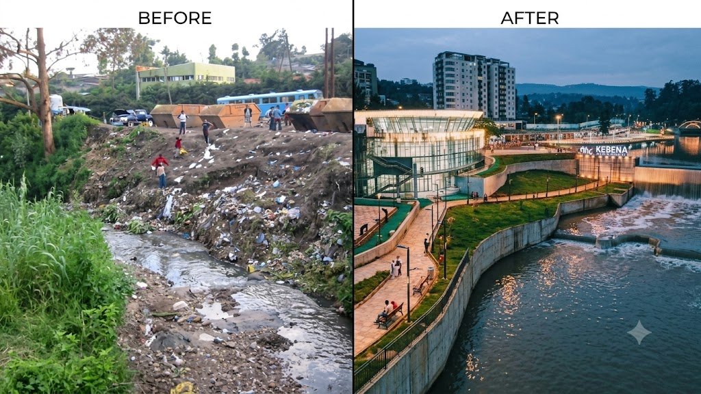 aschalk_f's tweet photo. Under the direct leadership and driving vision of PM @AbiyAhmedAli , what was once an eroded, trash-filled riverbank has been completely revitalized into a world-class public space. This project goes beyond aesthetics it represents a commitment to environmental restoration. https://t.co/EszsKZTWTd
