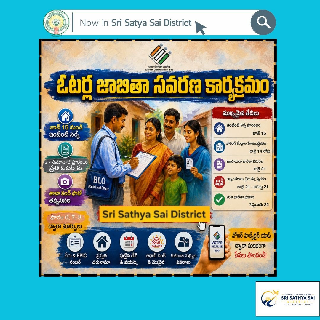 Collector_SSSD's tweet photo. జూన్ 5 నుంచి 14 వరకు సన్నద్ధత, సిబ్బందికి శిక్షణ, ముద్రణ కార్యక్రమాలు జరుగుతాయి. జూన్ 15 నుంచి జులై 14 వరకు బూత్ లెవల్ అధికారులు (BLOs) ఇంటింటికి వెళ్లి ఎన్యూమరేషన్ ఫారాలు పంపిణీ చేసి, వివరాలు సేకరిస్తారు. https://t.co/oSjWUQn5Rl