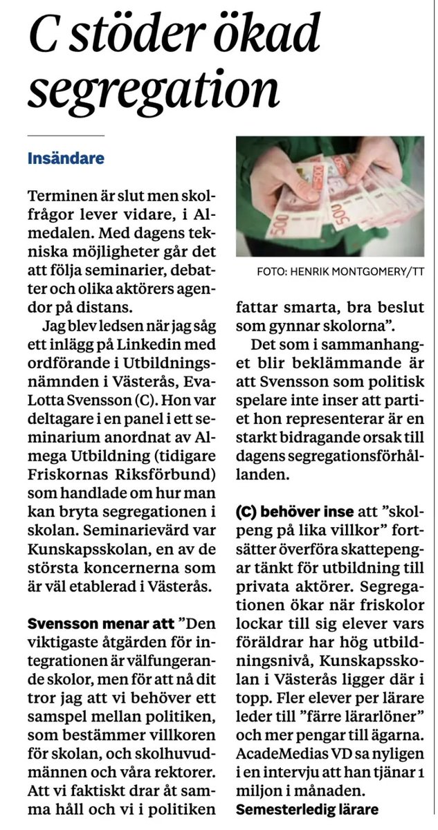 JohanssonSofi's tweet photo. Insändare i VLT, I Västerås är Kunskapsskolan stor och politikerna är så glada - men fattar inte att de bidrar till segregationen. I Västerås ligger Kunskapsskolan och Jensen i topp när det gäller andel föräldrar med högst utbildningsnivå. https://t.co/oQgPoDQZqh