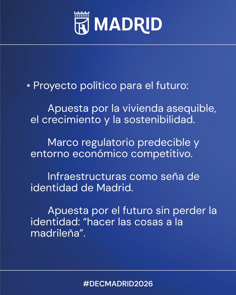 MADRID's tweet photo. El alcalde @AlmeidaPP_ presenta el proyecto político para el futuro de #Madrid en el Debate del Estado de la Ciudad #DECMadrid2026

🏘️ Apuesta por la vivienda asequible
📈 Estabilidad regulatoria y competitividad económica
🏗️ Infraestructuras de calidad
Abrimos hilo 🧵👇 https://t.co/3ITECgX1tv