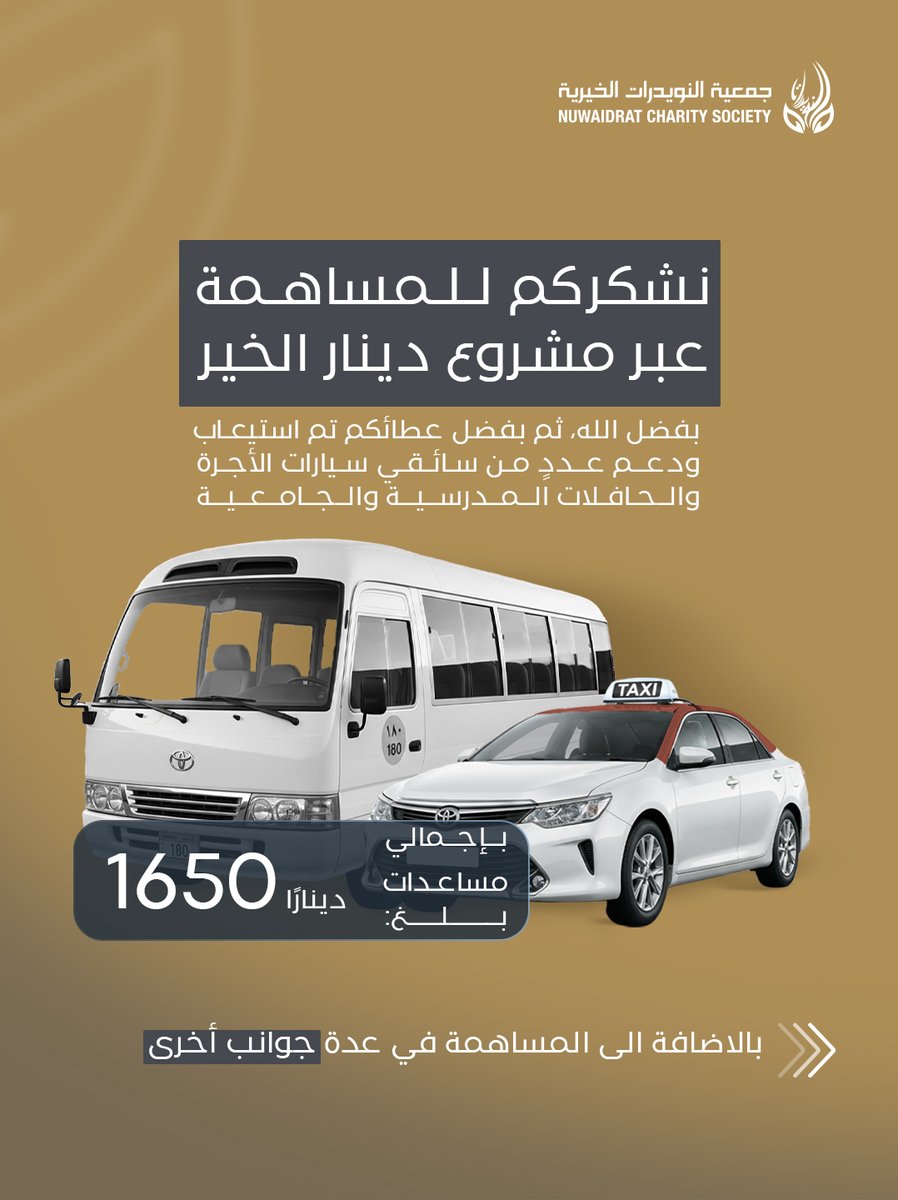NUWAlDRAT_CS's tweet photo. بفضل عطائكم، امتدّ الخير ليصل إلى مستحقيه. 🤍
أسهم #مشروع_دينار_الخير في دعم سائقي الأجرة والحافلات المدرسية والجامعية، إلى جانب مساندة عدد من المبادرات الإنسانية والخيرية التي تخدم المجتمع.
شكرًا لكل من ساهم... فأنتم شركاء الأجر والأثر.
#جمعية_النويدرات_الخيرية #العمل_الخيري https://t.co/NETjir1x9j